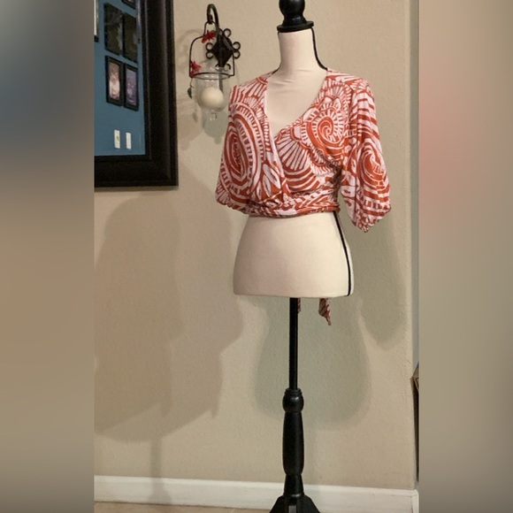 Anthropologie Burnt Orange TerracotaTropical Plunge V-Neck Tie Front Crop Top XS - Picture 3 of 8